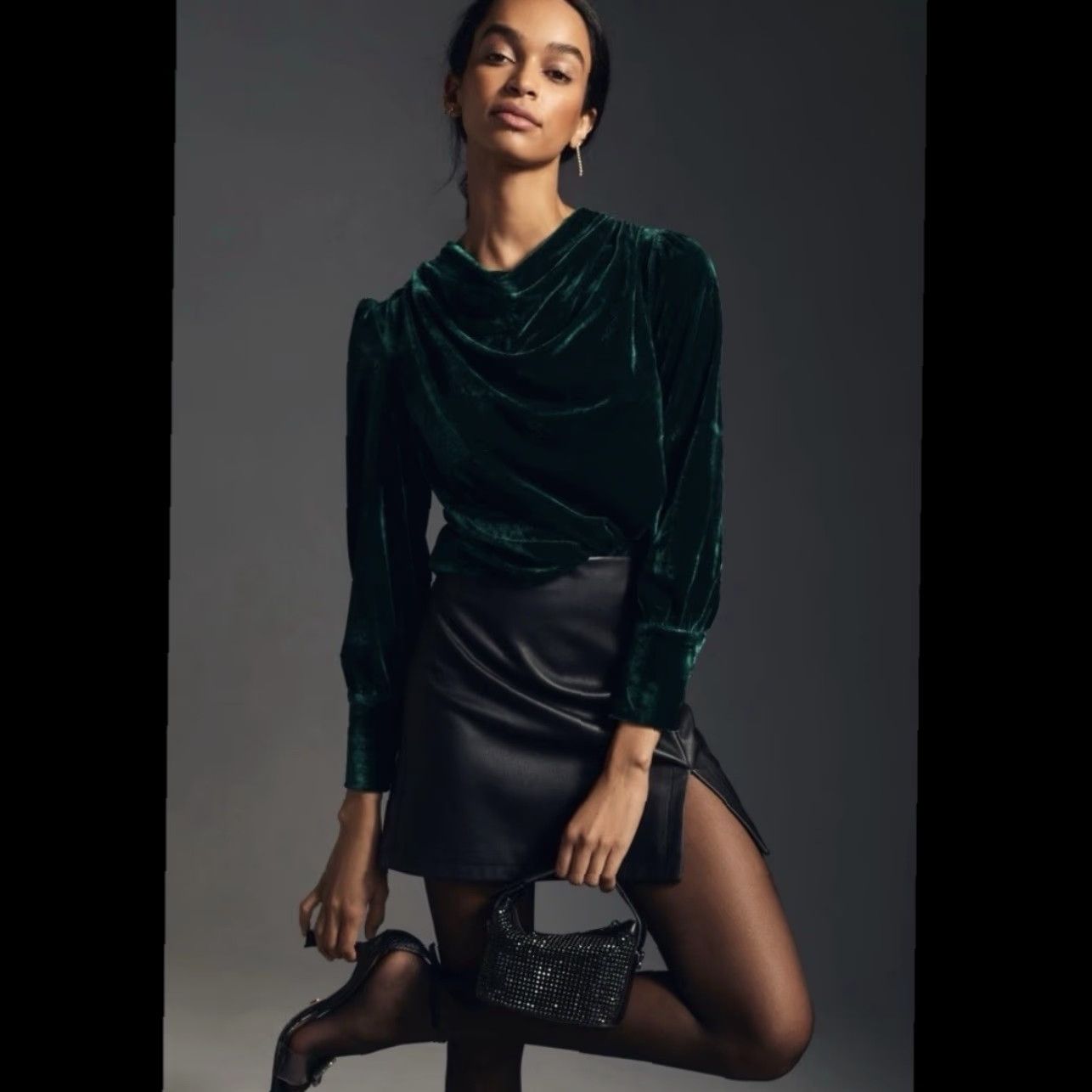 Anthropologie Anthropologie BTFL Life Green Velvet Cowl Neck Top XS Balloon Sleeves Size XS / US 0-2 / IT 36-38 - 2 Thumbnail