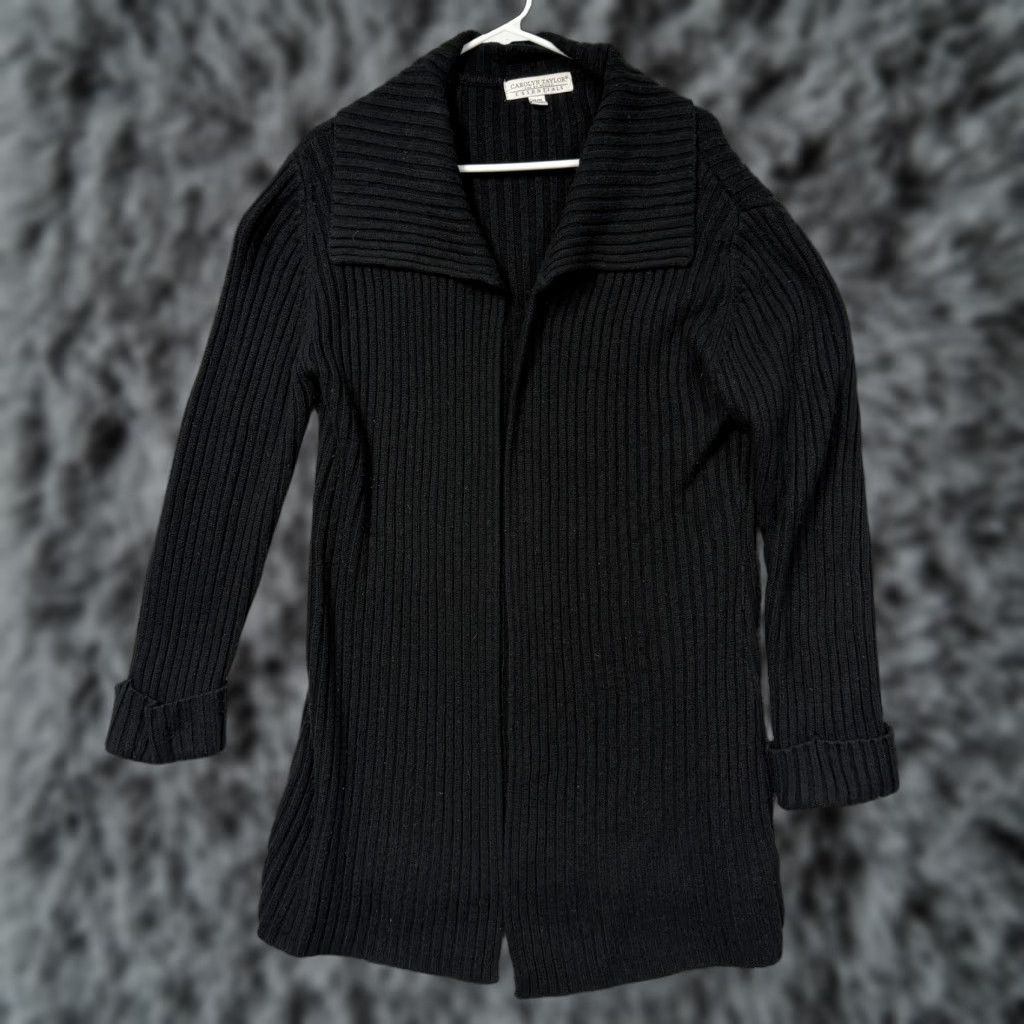 Vintage Carolyn Taylor Cardigan Sweater Womens M Black Ribbed Knit Open Front Collared Long Sleeve Classic Retro Knit Size M / US 6-8 / IT 42-44 - 1 Thumbnail
