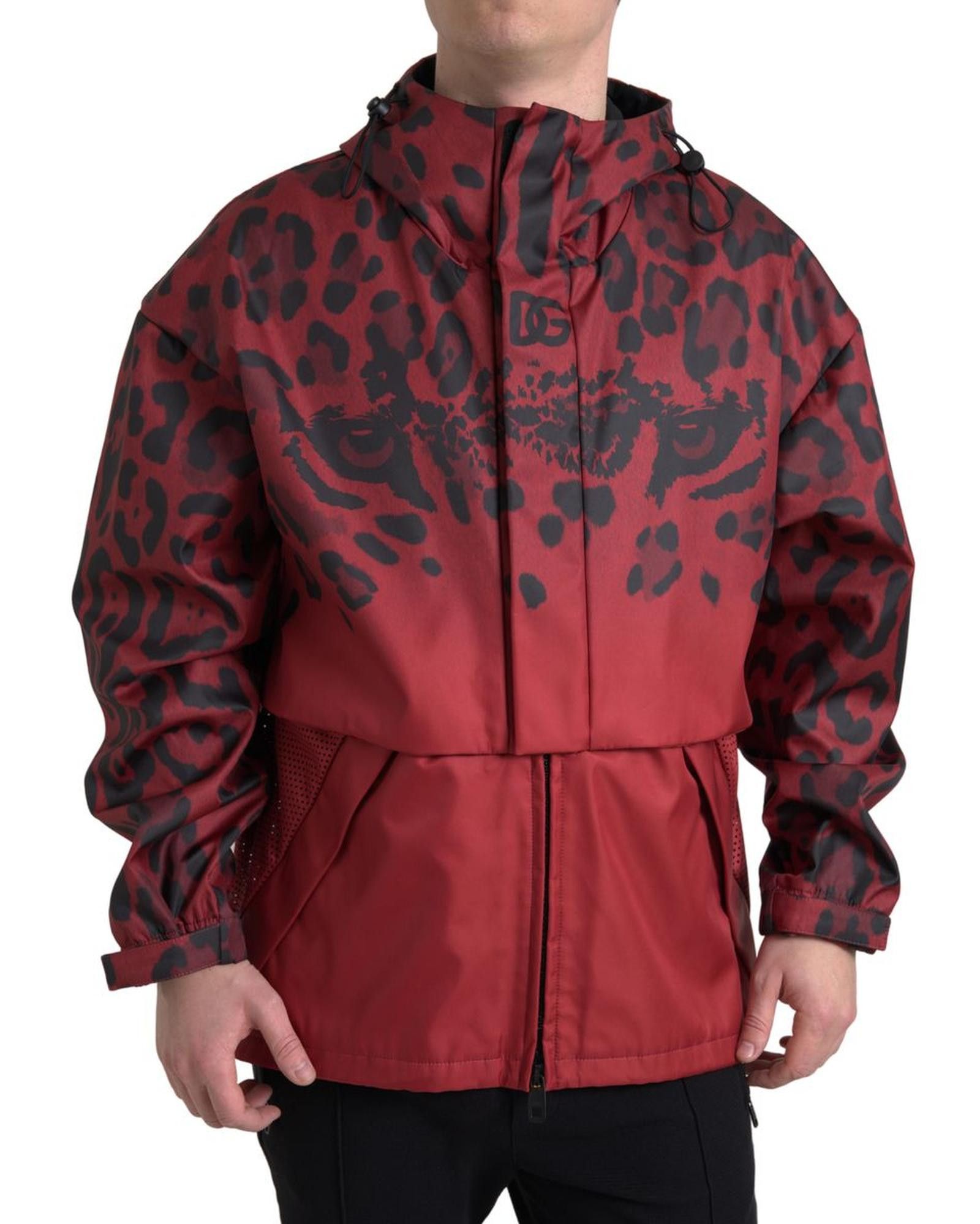 image of Dolce Gabbana Leopard Print Hooded Rain Jacket in Red, Men's (Size 2XL)