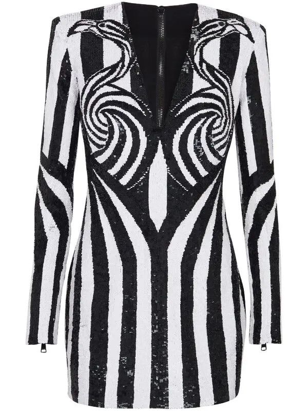 Balmain o1s1wg110725 Embroidered Stripe Short Dress in Black/White Size L / US 10 / IT 46 - 1 Thumbnail