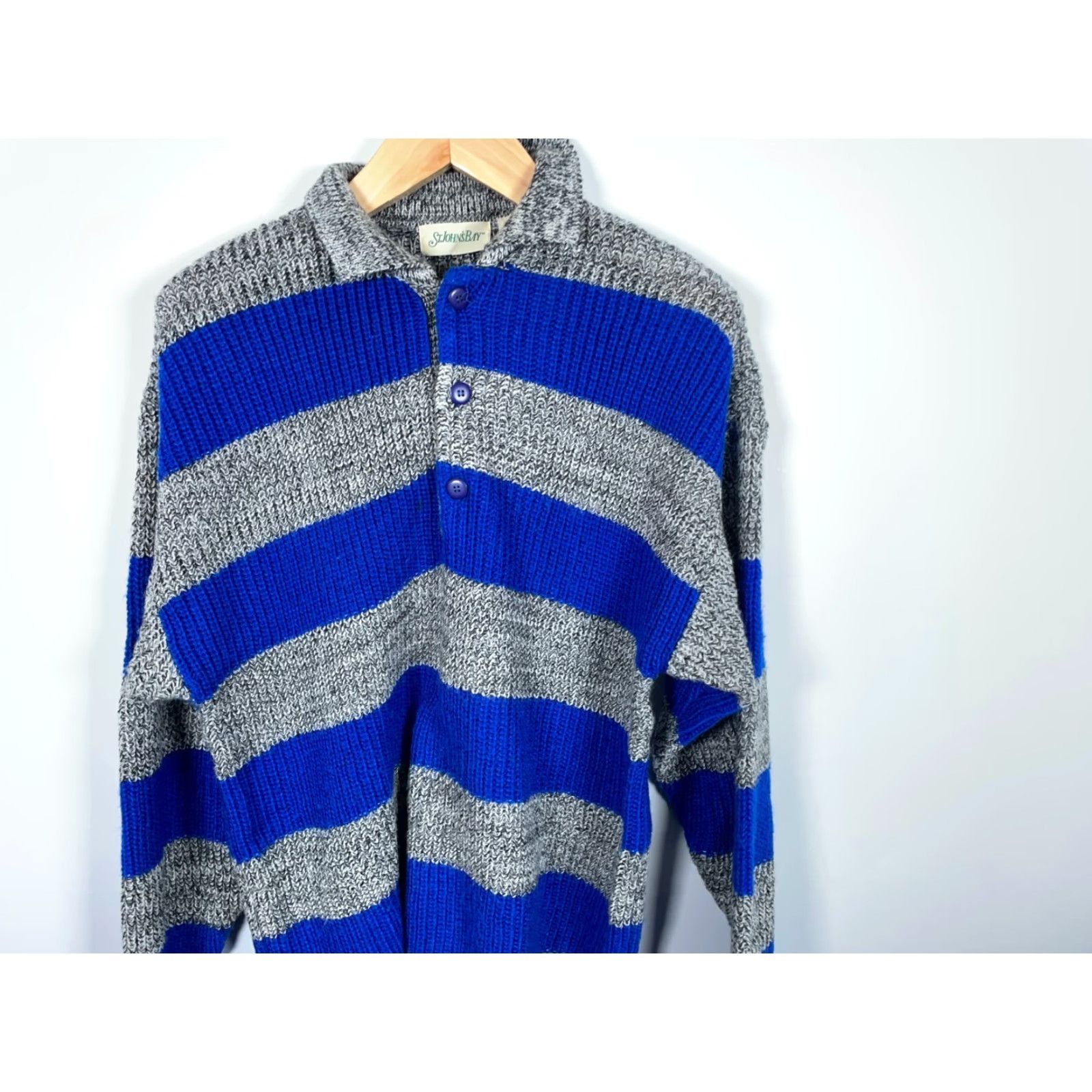 Vintage VINTAGE St. John's Bay Chunky Knit Henley Sweater Mens L Gray Blue Stripe Collared 90s Preppy Size US L / EU 52-54 / 3 - 4 Thumbnail