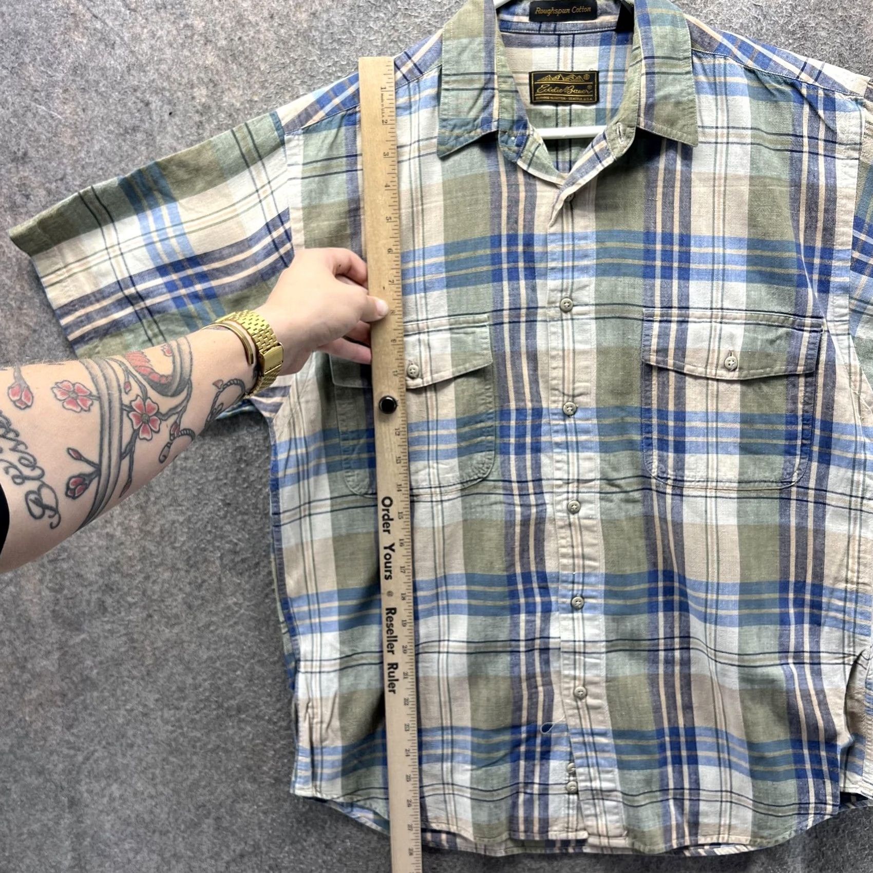 Eddie Bauer VINTAGE Eddie Bauer Shirt Mens M Green Blue Plaid Roughspun Cotton Short Sleeve Size US M / EU 48-50 / 2 - 7 Thumbnail