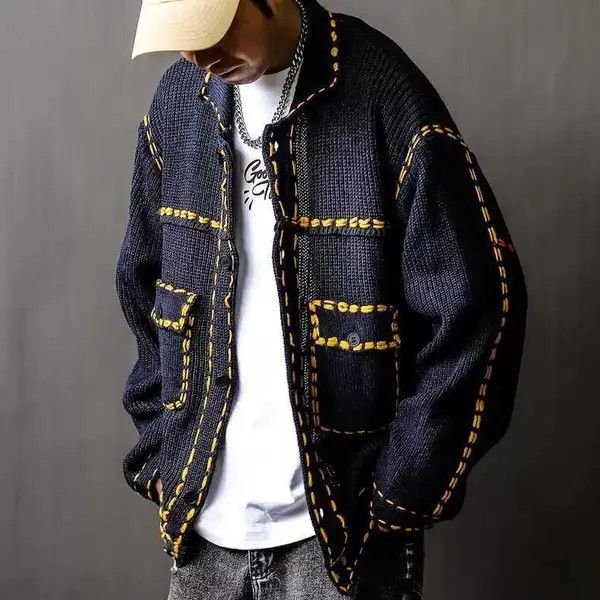 Vintage Contrast Stitch Knitted Sweater Jacket - Patch Pockets Size US M / EU 48-50 / 2 - 8 Thumbnail