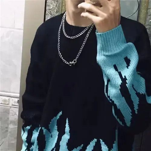 VIBE "Blue Flames" Oversized Knitted Sweater Sweatshirt Pullover Size US M / EU 48-50 / 2 - 2 Thumbnail