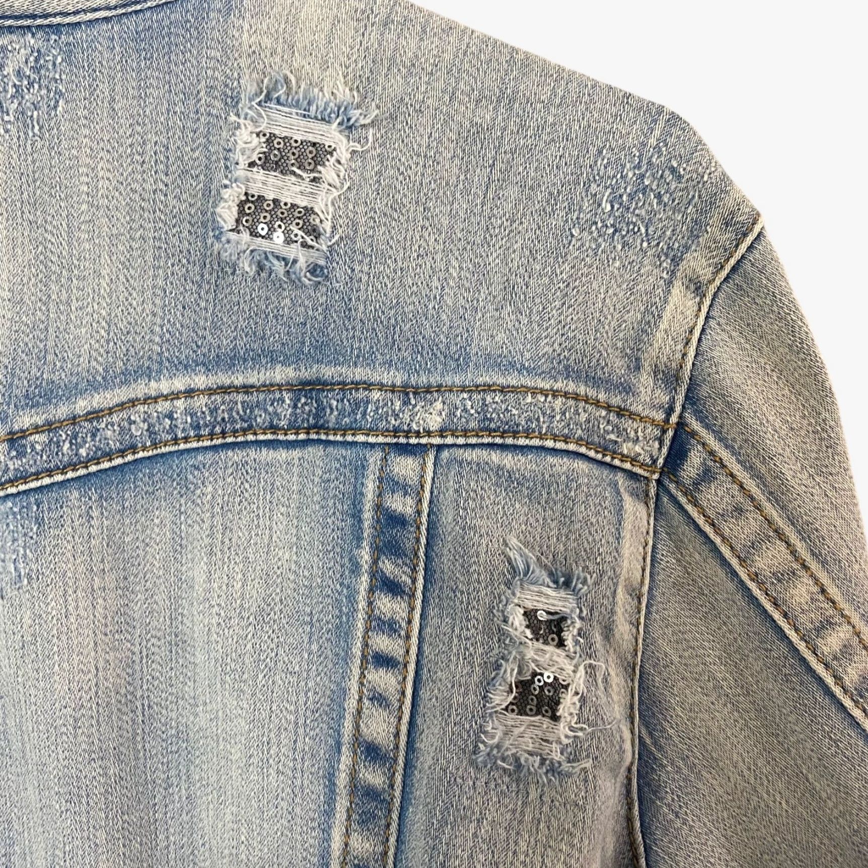 Vintage I.N.C. International Concepts Denim Jacket Sequin Distressed Button-Up Light Wash Women XL Blue City College Women Size XL / US 12-14 / IT 48-50 - 7 Thumbnail