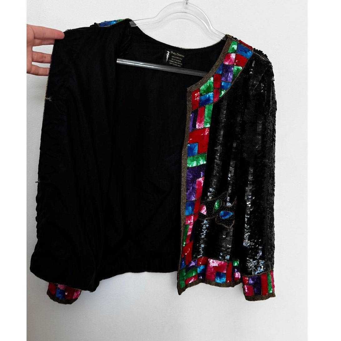 Vintage 1980s Pinky Creations Silk Sequin Jacket Black Medium Size M / US 6-8 / IT 42-44 - 16 Thumbnail