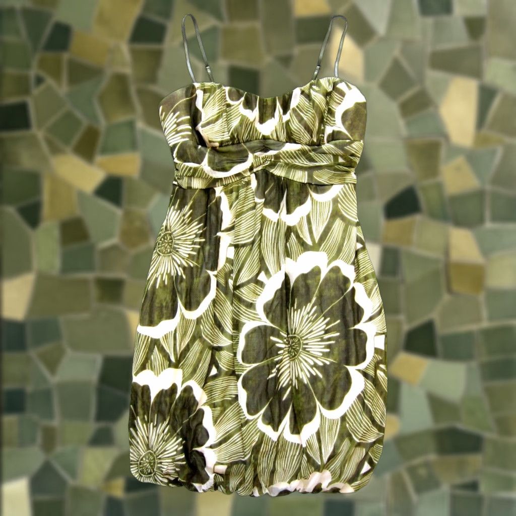 Vintage Vtg Trixxi Green Ivory Floral Stretch Spaghetti Strap Empire Tank Slip Dress L Size L / US 10 / IT 46 - 1 Thumbnail