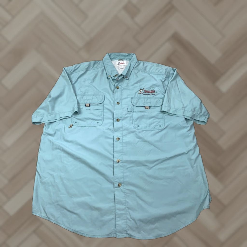 Vintage World Wide Sportsman Button-Up Shirt XL Short Sleeve Seafood Green Ventilated Pockets Men Size US 36 / EU 52 - 1 Thumbnail
