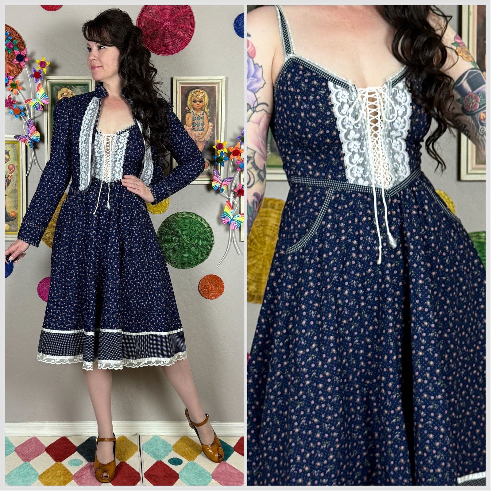 image of Vintage 1970S Gunne Sax Calico Floral Corset Sundress & Jacket Set in Blue, Women's (Size XS)