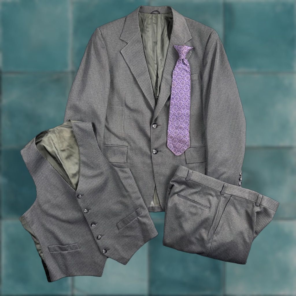 Vintage VINTAGE 1960s-1970s Barelay 3-Piece Suit Jacket Coat Pants Wool Gray Rockabilly Mens 40 Regular Size US Made Size 40R - 1 Thumbnail