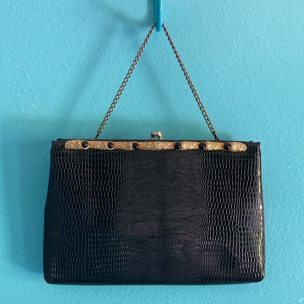 Vintage Vintage Lizard Clutch Handbag Black with Chain Handle 6 X 9 Size ONE SIZE - 1 Thumbnail
