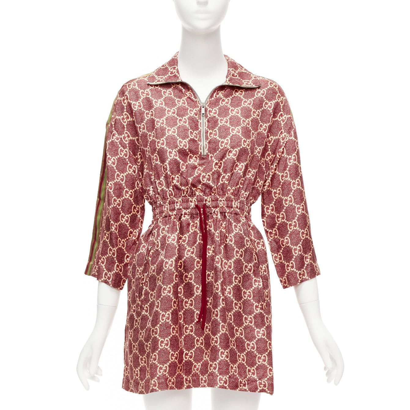 image of Gucci 100% Silk Red Beige GG Supreme Monogram Print Web Trim Mini Dress Xxs, Women's