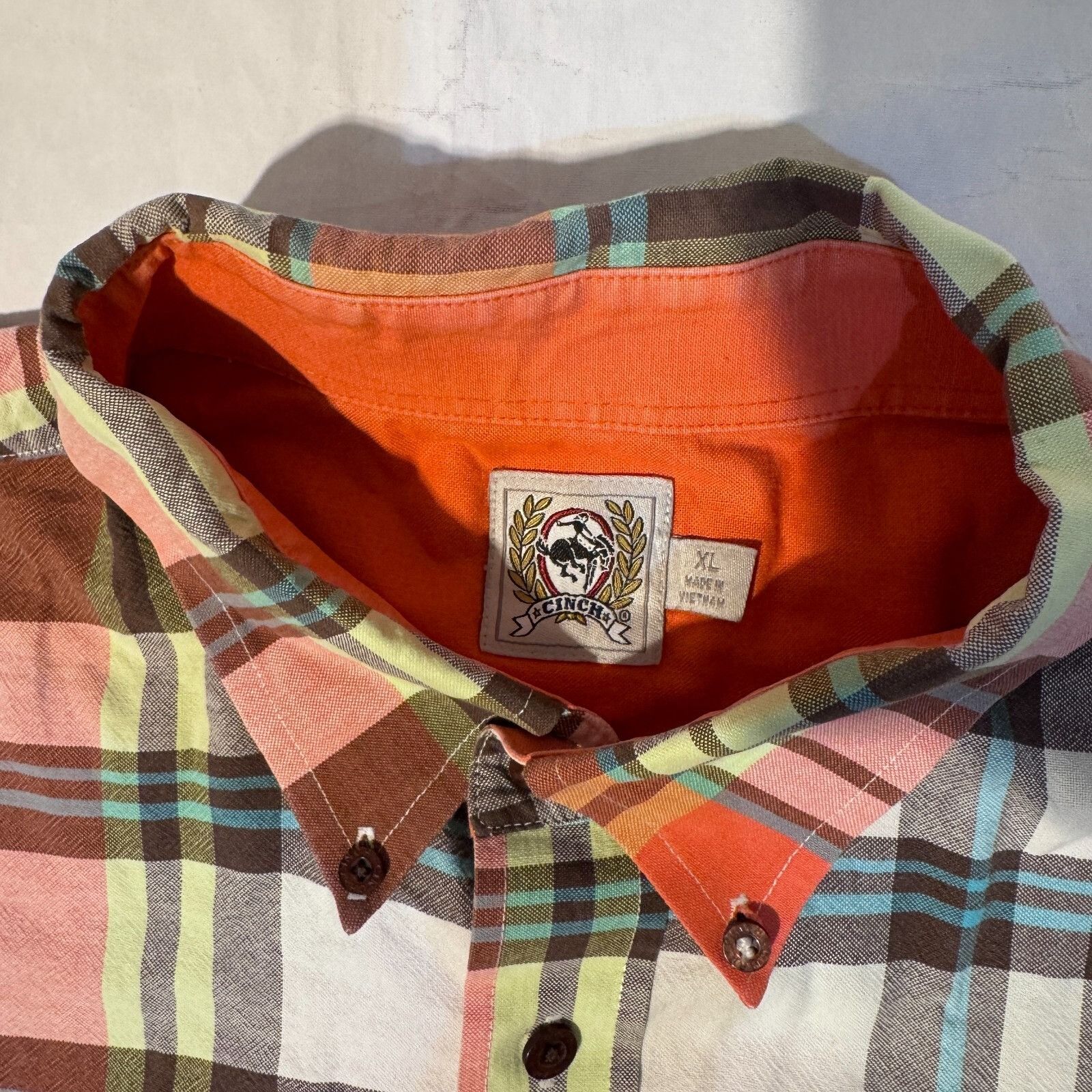 CINCH Cinch Jeans Western Orange & Blue Plaid Short Sleeve Button Size US XL / EU 56 / 4 - 2 Thumbnail