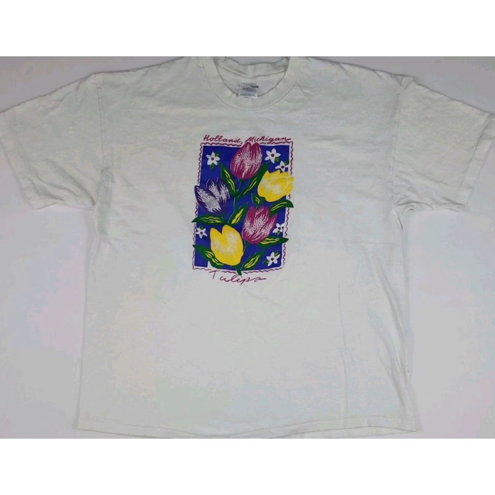 Hanes VINTAGE 90s Holland Michigan Tulips Flower Print T Shirt Hanes White 2XL Mens Shirt Short Sleeve Crew Neck USA Tulips 90s Size US XXL / EU 58 / 5 - 2 Thumbnail