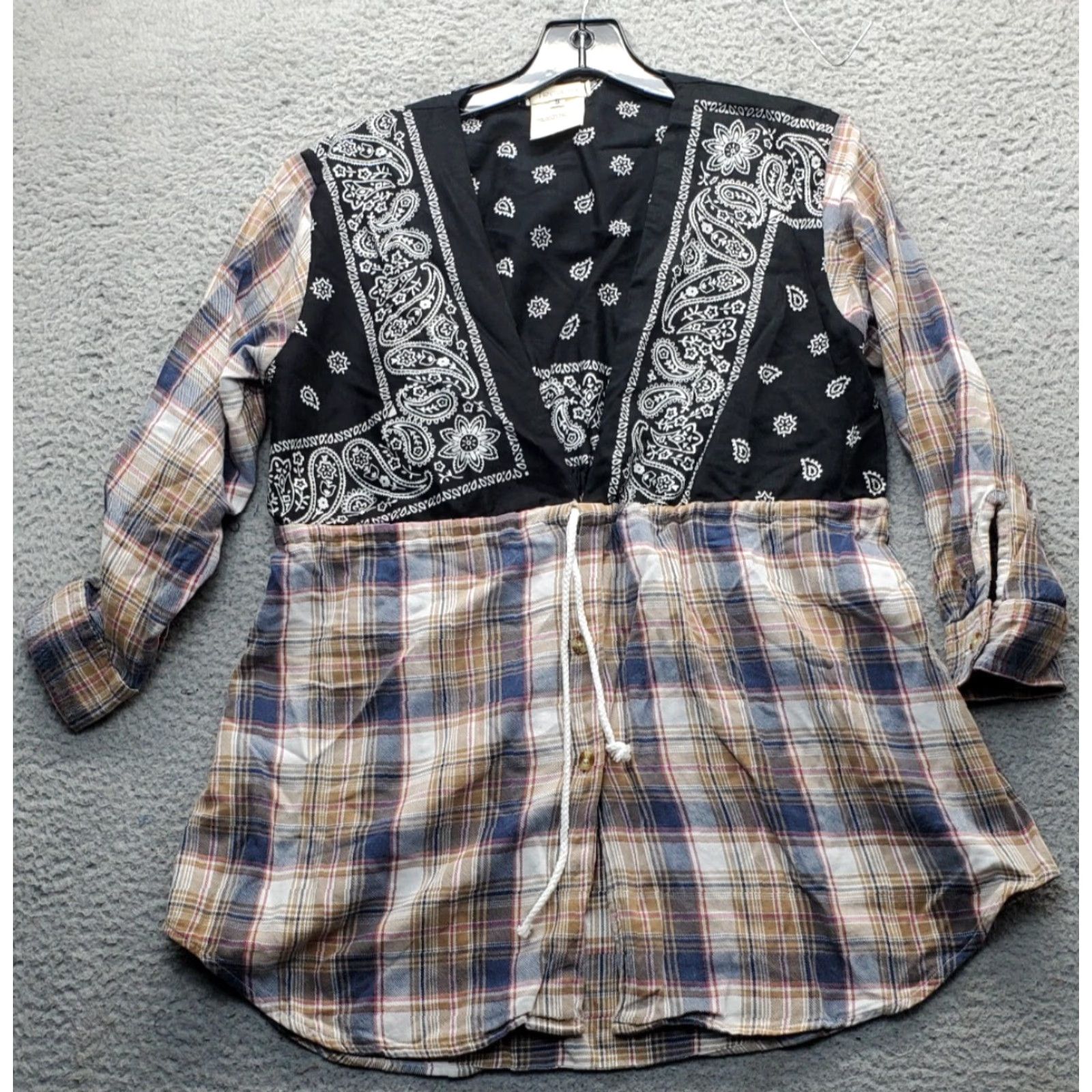 Vintage Tricia Fix Blouse Womens Size S Multi Plaid Paisley Upcycled Mixed Media Drawstring Shirt Size S / US 4 / IT 40 - 2 Thumbnail