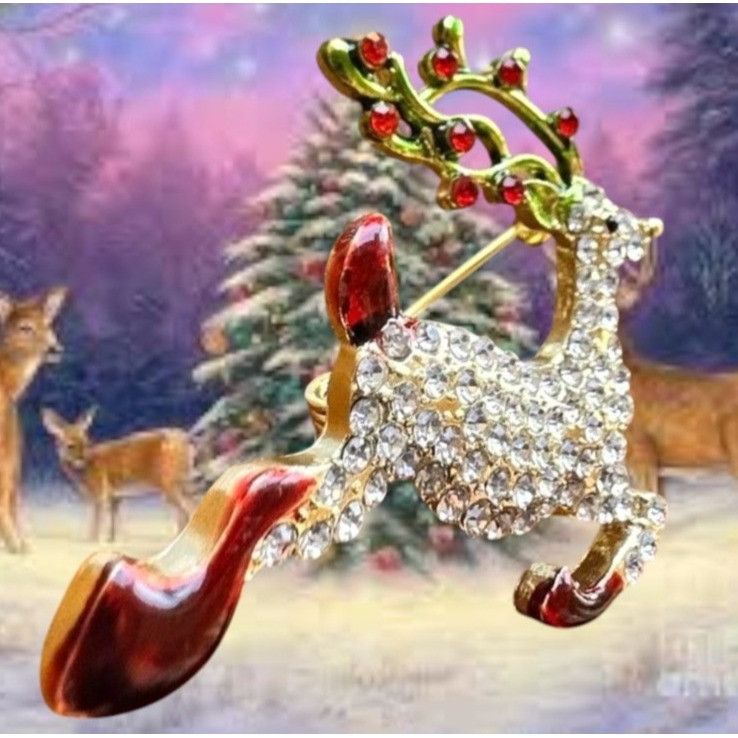 Handmade Reindeer Brooch Pin Rudolph Christmas Eve New Crystal Accent Size ONE SIZE - 5 Thumbnail
