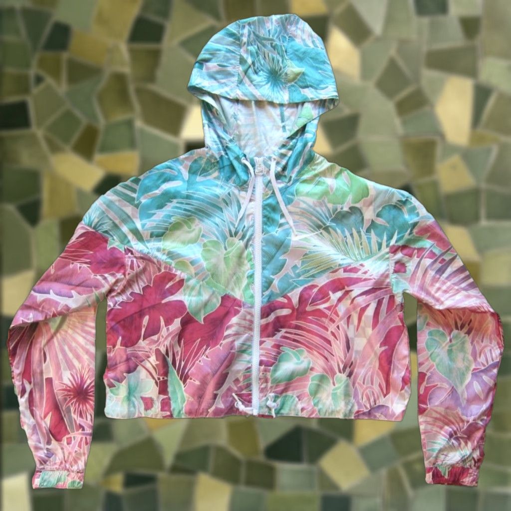 Nike VINTAGE Nike Pink Green Blue Tropical Hawaiian Full Zip Hooded Crop Windbreaker Jacket S Size S / US 4 / IT 40 - 1 Thumbnail