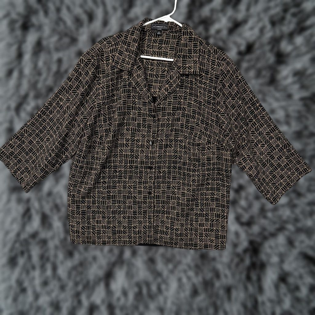 Element Elementz Womens 2X Plus Black Gold Geometric Button-Up Shirt, 3/4 Sleeve, Collared Office Casual Geometric Pattern, Polyester, V Size XXL / US 16-18 / IT 52-54 - 1 Thumbnail