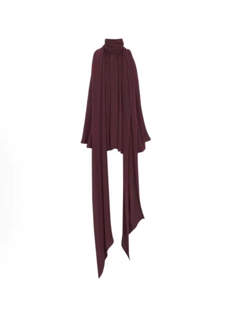 Saint Laurent Paris SLP SS24 Runway Silk Burgundy Long Sash Pleated Top L New Size US L / EU 52-54 / 3 - 9 Thumbnail