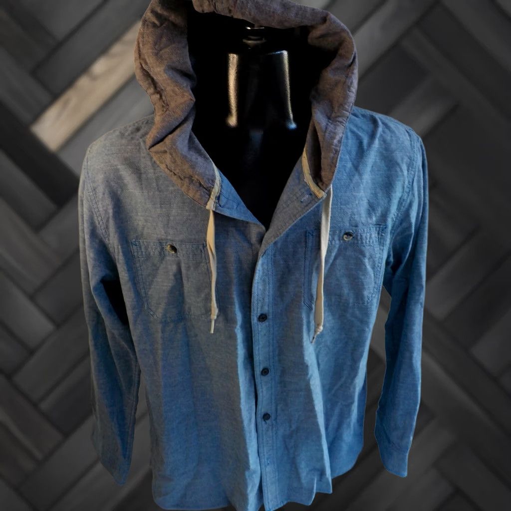 Vintage MODERN AMUSEMENT Hooded Button Front Denim Shirt Jacket XL Blue Men Casual Cotton 2 Chest Pockets 2 Side Pockets Long Sleeve Button-Up Size US XL / EU 56 / 4 - 1 Thumbnail