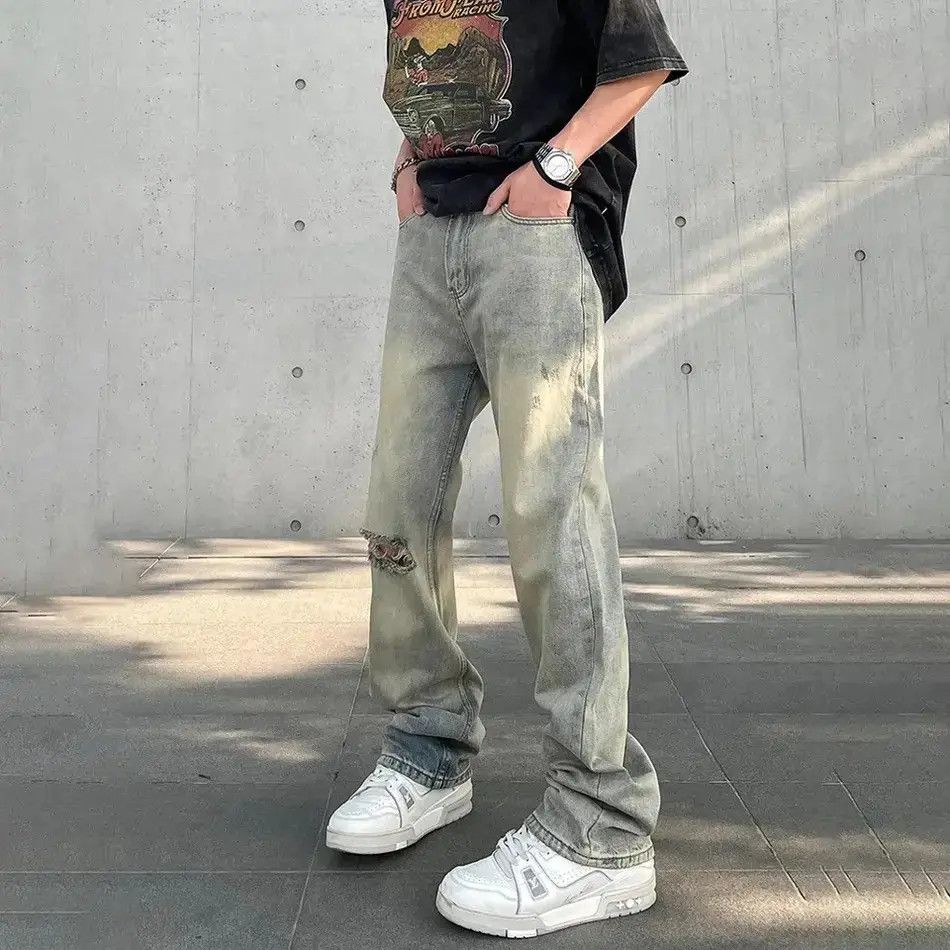 Japanese Brand Ripped Jeans Y2k Streetwear Straight-leg Hombre Pantalones Size US 32 / EU 48 - 2 Thumbnail