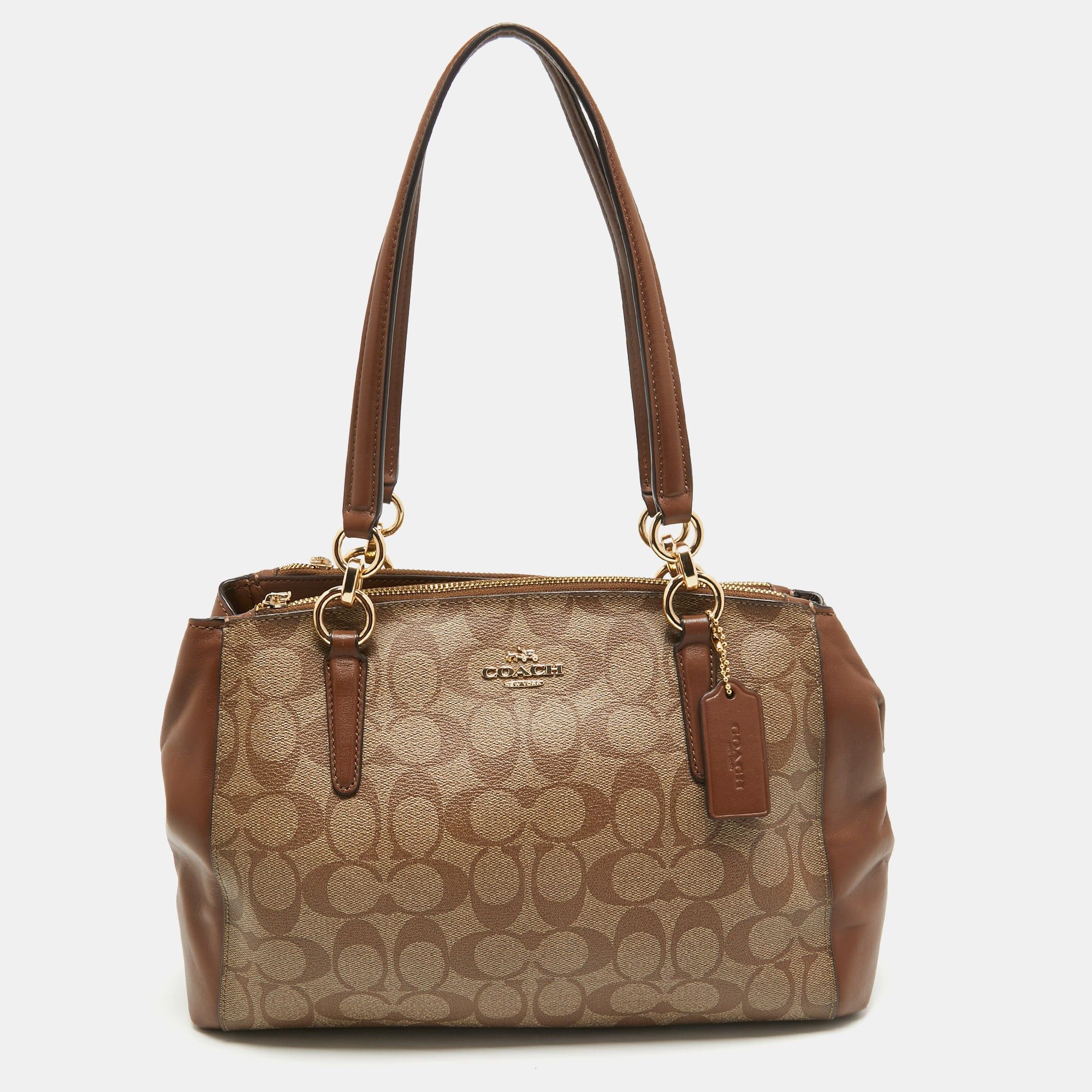 image of Coach Brown Signature Coated Canvas Small Christie Carryall Satchel, Women's