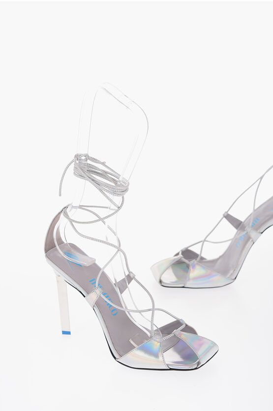 image of The Attico Holographic Effect Leather Adele Lace-Up Sandals Heel Shoes 11.5Cm in Silver, Women's (S