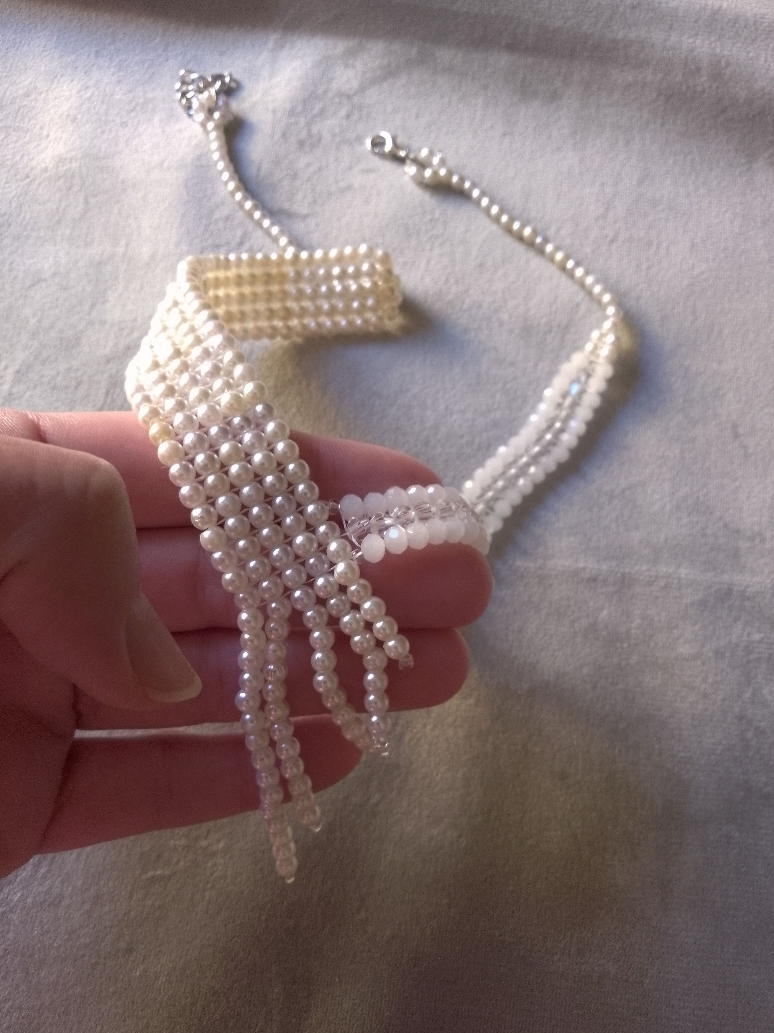 Handmade Necklace White Pearls Crystal Fringe Party Wedding Size ONE SIZE - 5 Thumbnail