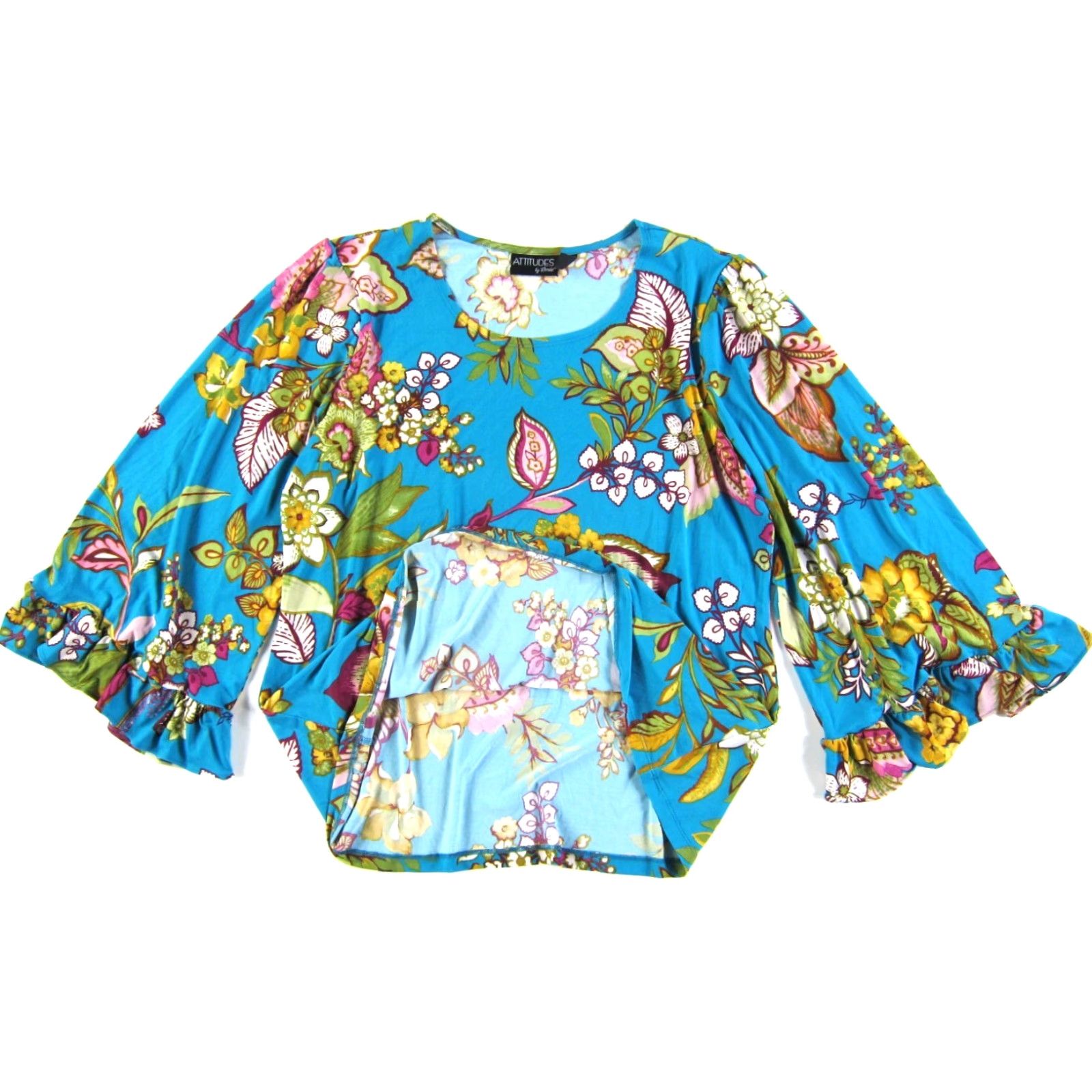 Vintage ATTITUDES Blouse Tunic XL Blue Floral Ruffle Sleeve 3/4 Sleeve Round Neck Women Blouse XL Blue Floral Stretch Attitudes Tunic Top Clothing Size XL / US 12-14 / IT 48-50 - 5 Thumbnail
