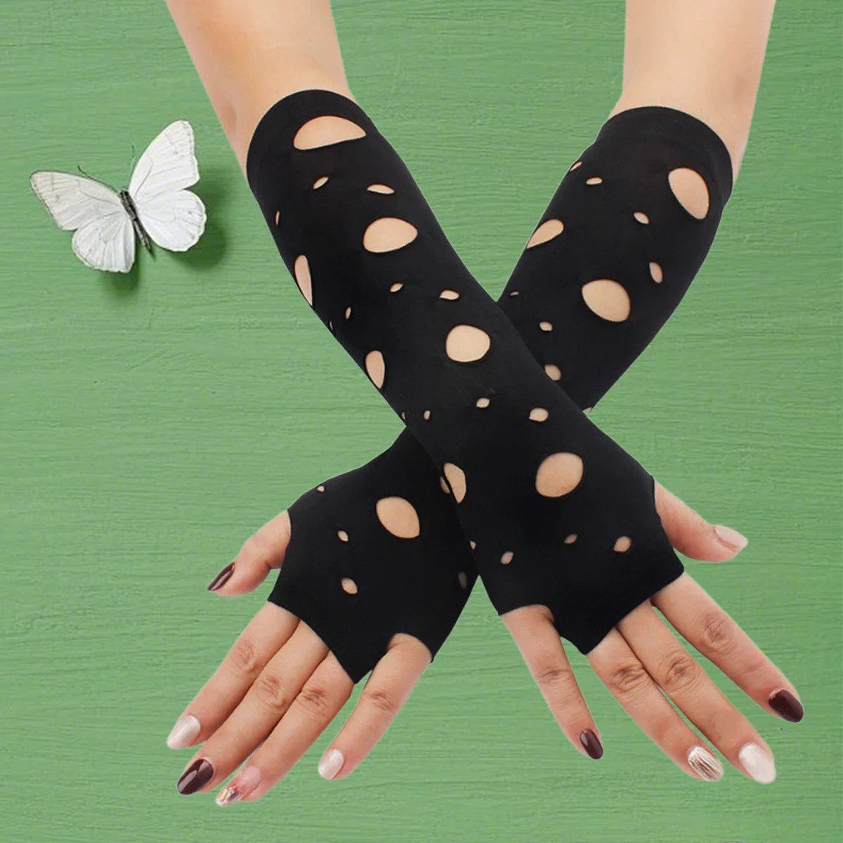 Other Gothic Party Fingerless Gloves Unisex Tear Design Size ONE SIZE - 1 Thumbnail