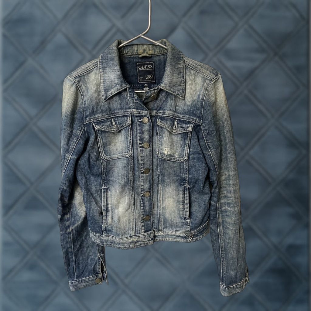 Guess GUESS Jacket Women’s Small Distressed Blue Denim Cotton Button Pockets 80s 90s Style Regular Fit Size 28" / US 6 / IT 42 - 1 Thumbnail
