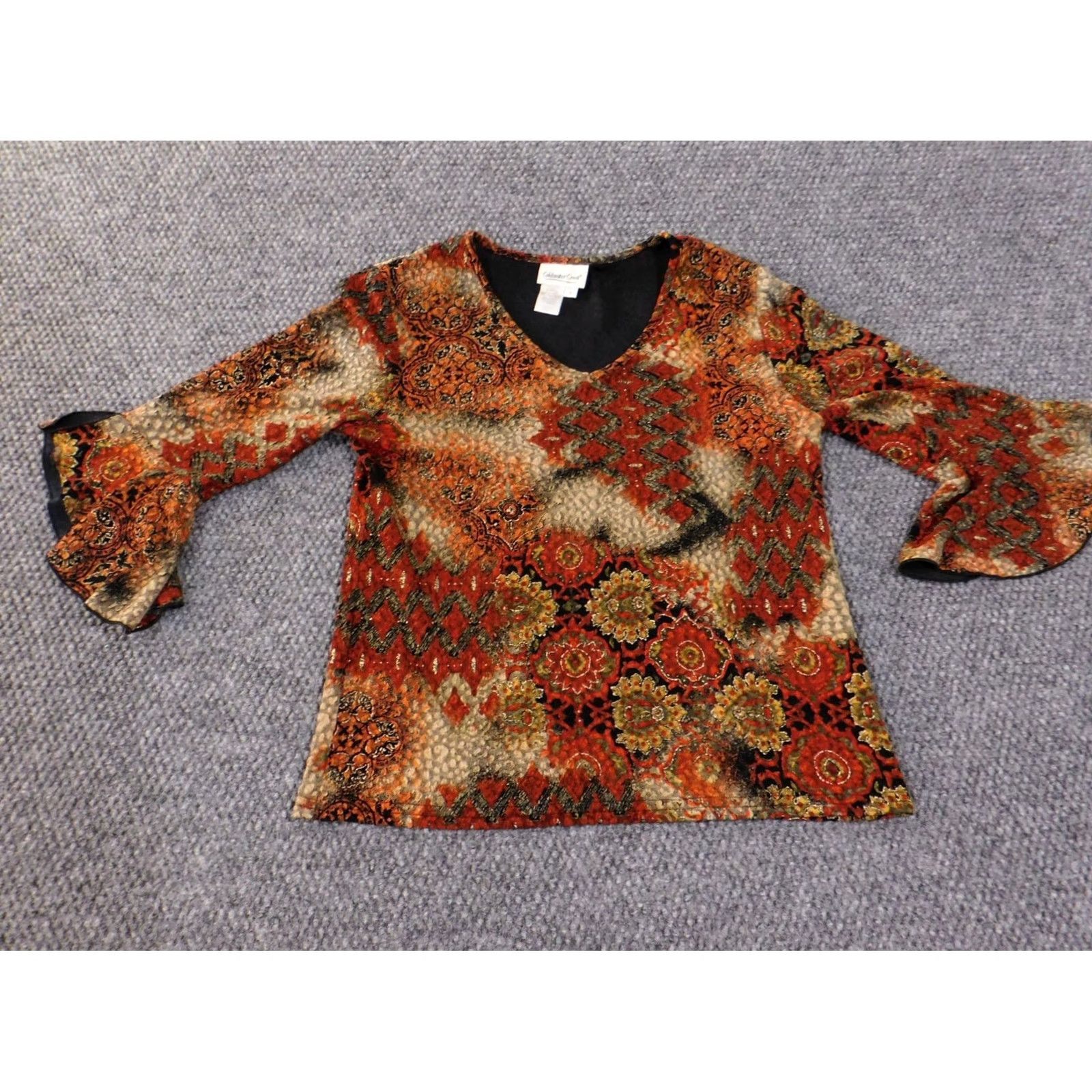 Coldwater Creek Coldwater Creek Blouse Shirt Women S Orange Geometric V-Neck Pullover Stretch Long Sleeve Cardigan Top Size S / US 4 / IT 40 - 2 Thumbnail