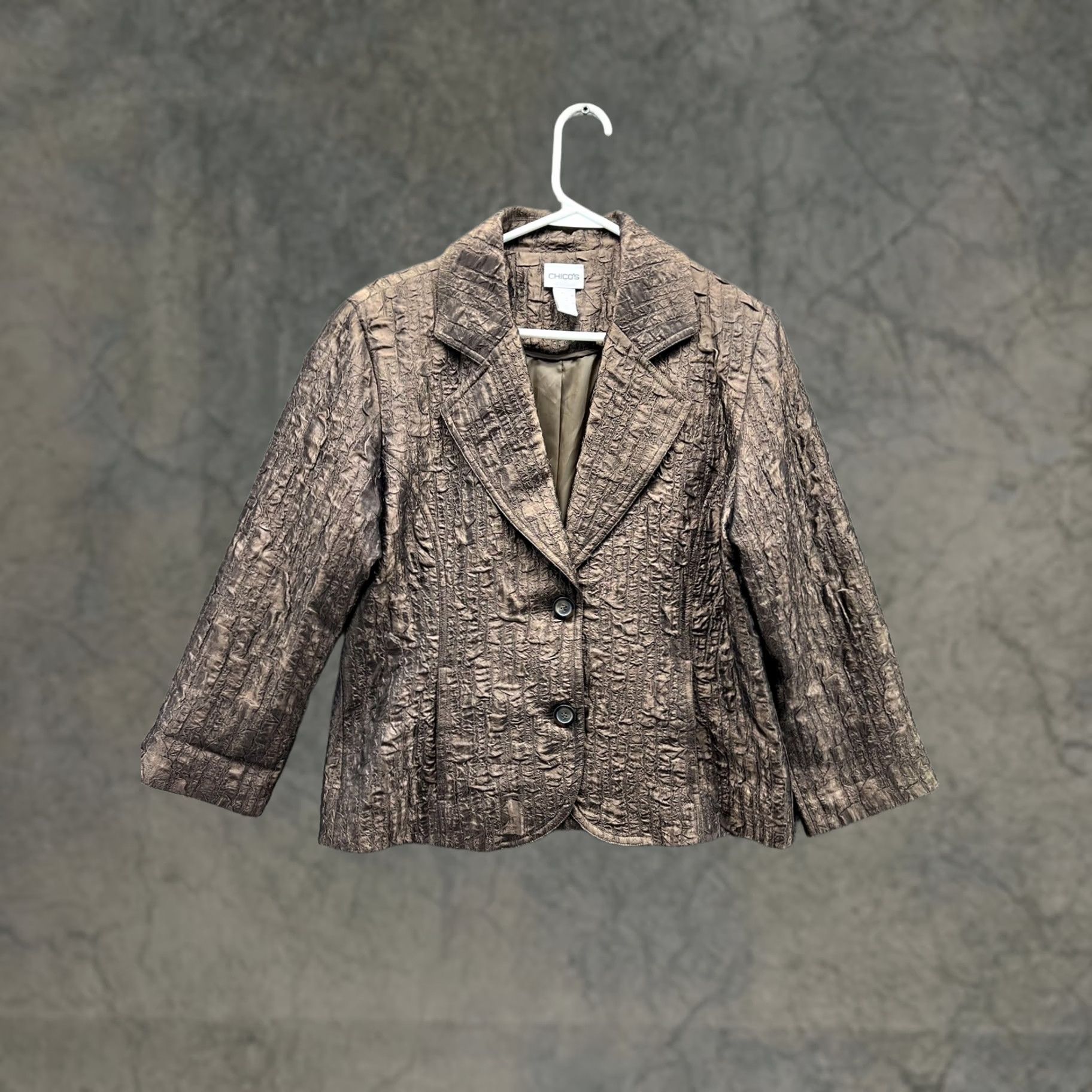 Vintage Chico's Blazer Womens 1 Brown Textured Taffeta Button Front Lined Short Evening Jacket Size 25" / US 0 / IT 36 - 1 Thumbnail