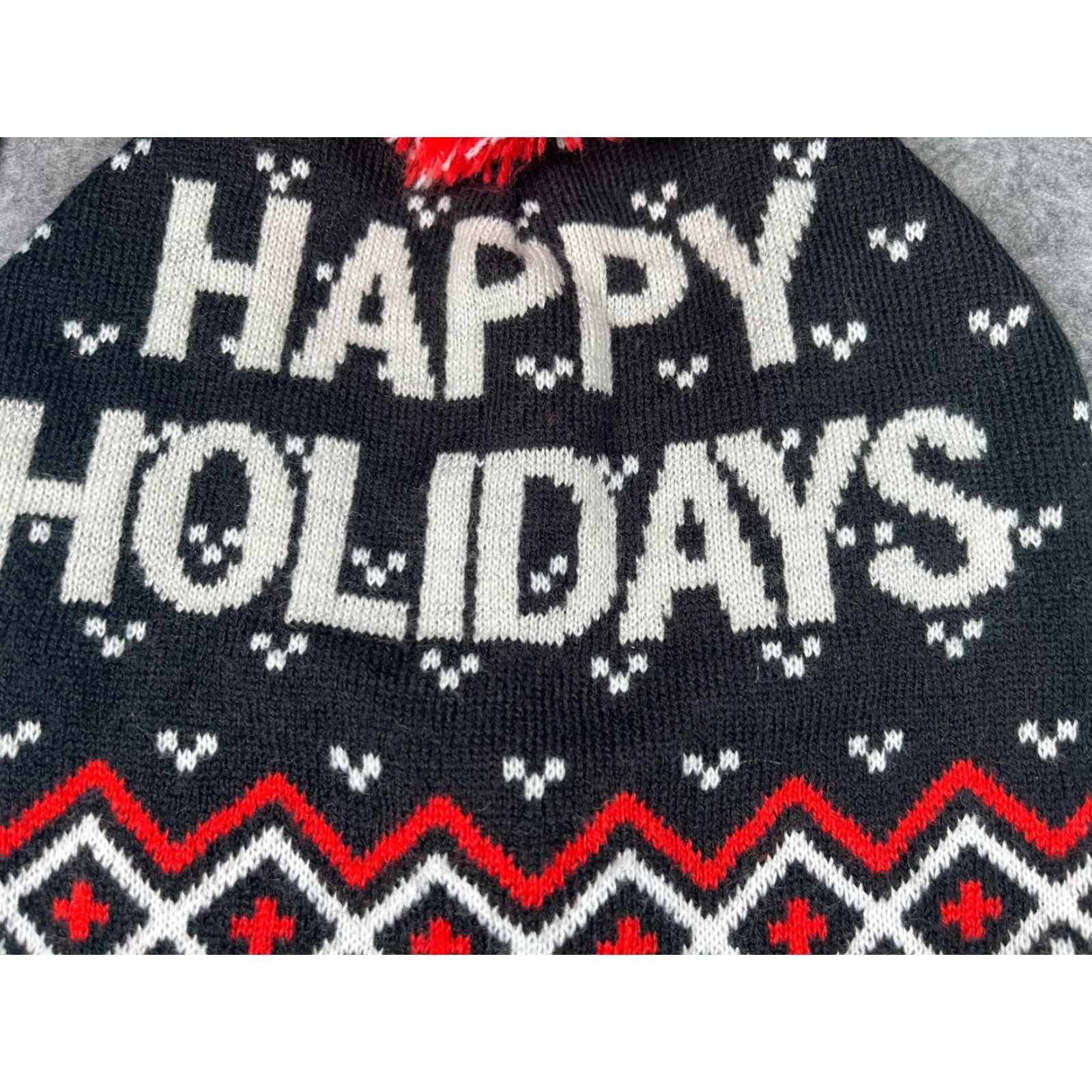 Vintage HAPPY HOLIDAYS Beanie Toque Adult One Size Black Fair Isle Knit Acrylic Pom Shirt Hats Unisex Adults Christmas Theme Beanie Mens Womens Size ONE SIZE - 2 Thumbnail