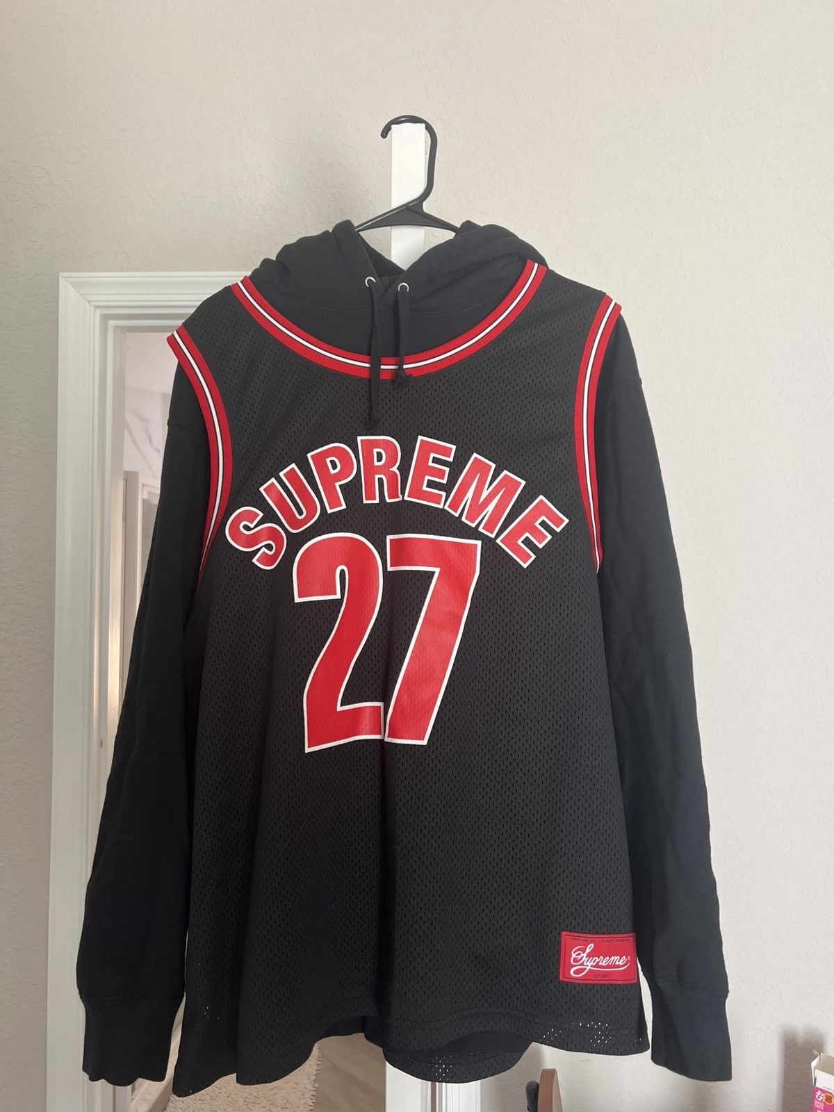 image of Supreme Basketball Jersey Hooded Sweatshirt in Black, Men's (Size Large)