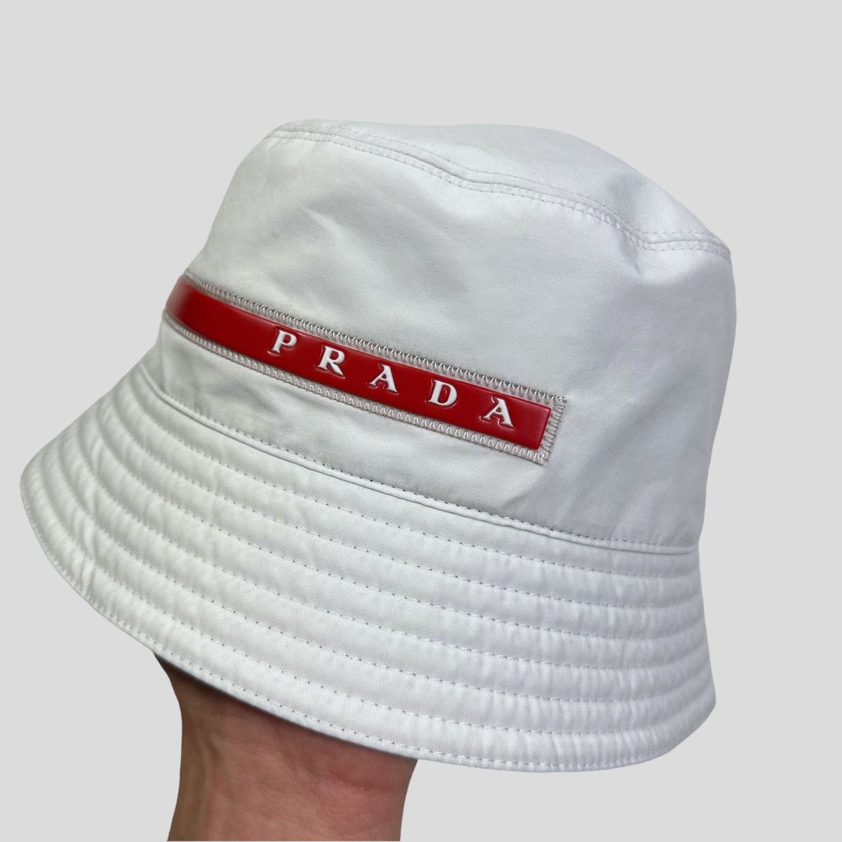 White Prada Linea Rossa Bucket Hat New Authentic PRADA White Cotton Bucket Hat unisex Size S | eBay main image 3