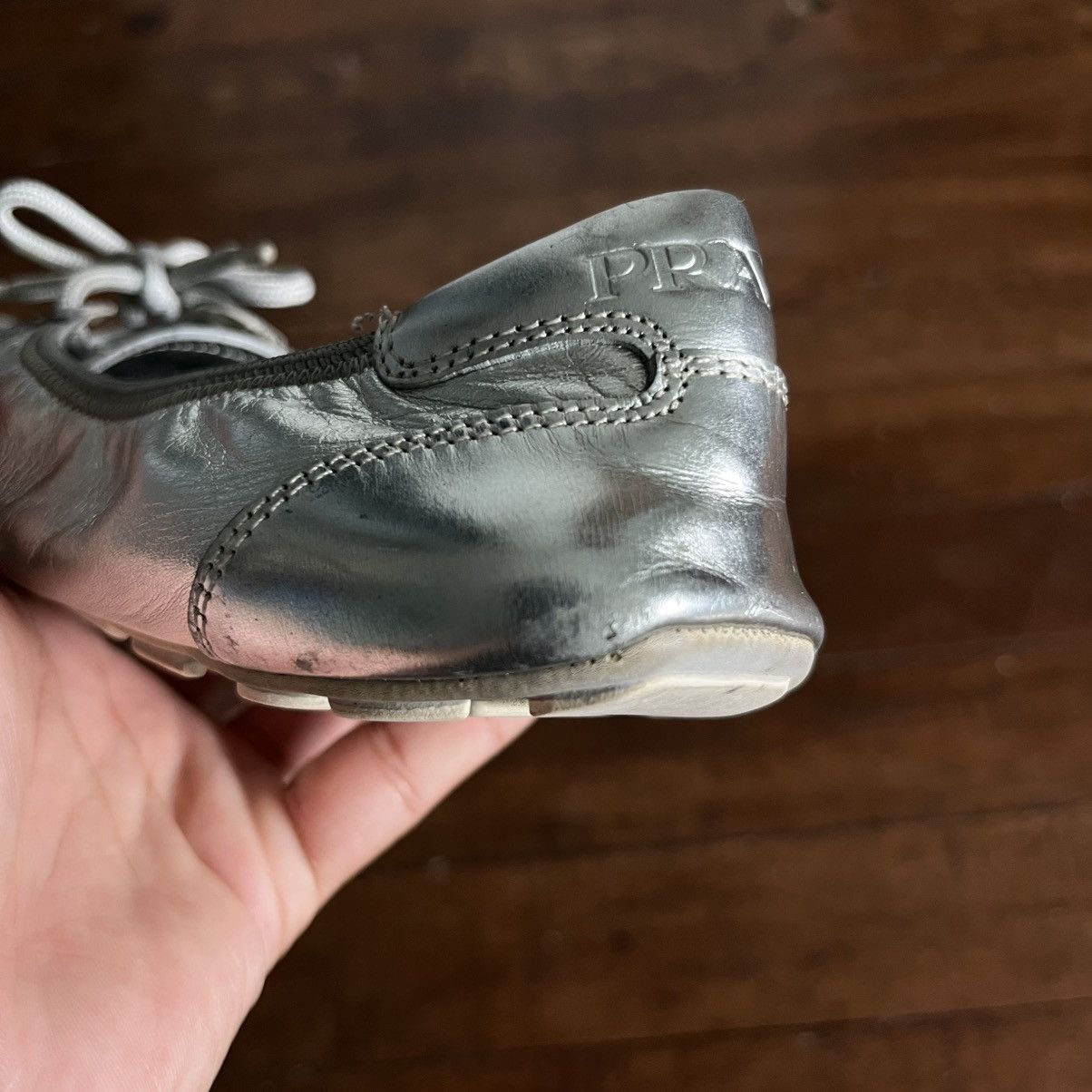 Prada Prada Sport Silver Leather Scrunch Lace Up Ballet Flats Size US 5 / IT 35 - 11 Thumbnail