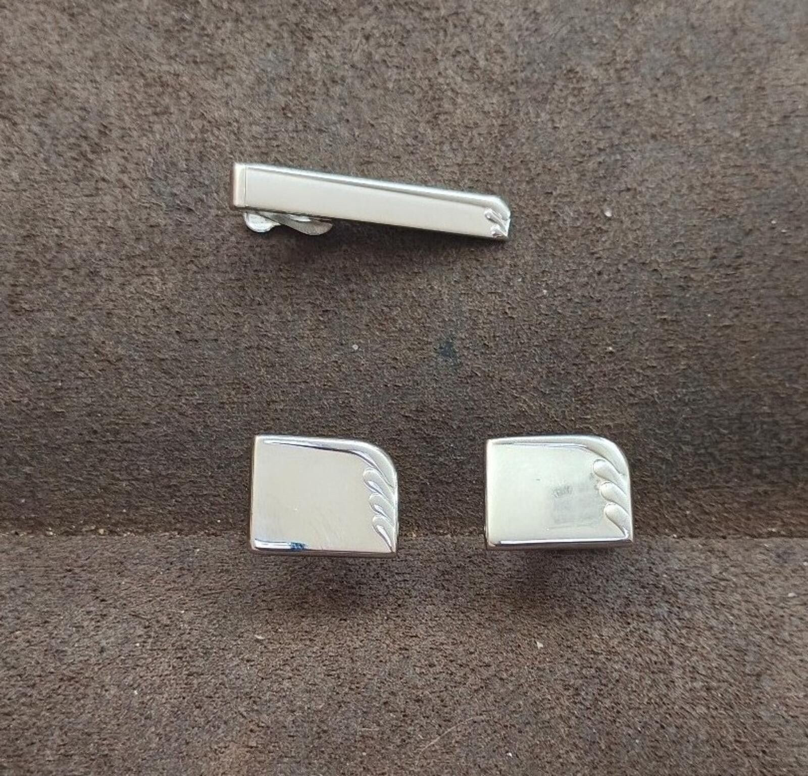 Other 1960s Silver Tone Art Deco Style Tie Bar Clip Cufflinks Set Size ONE SIZE - 2 Thumbnail