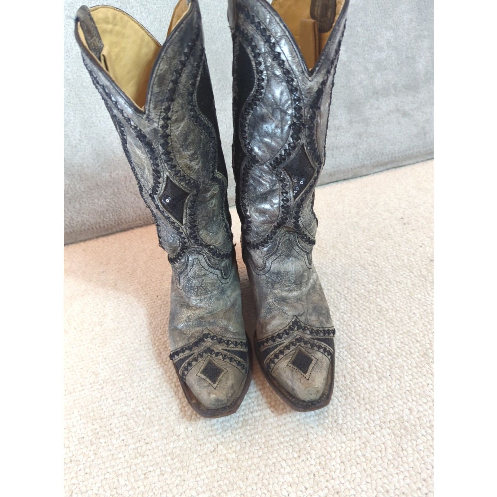 Vintage Corral Boots Cowgirl Western Leather Snip Toe Black Gray Inlay 7M Mid Calf Size US 7 / IT 37 - 2 Thumbnail