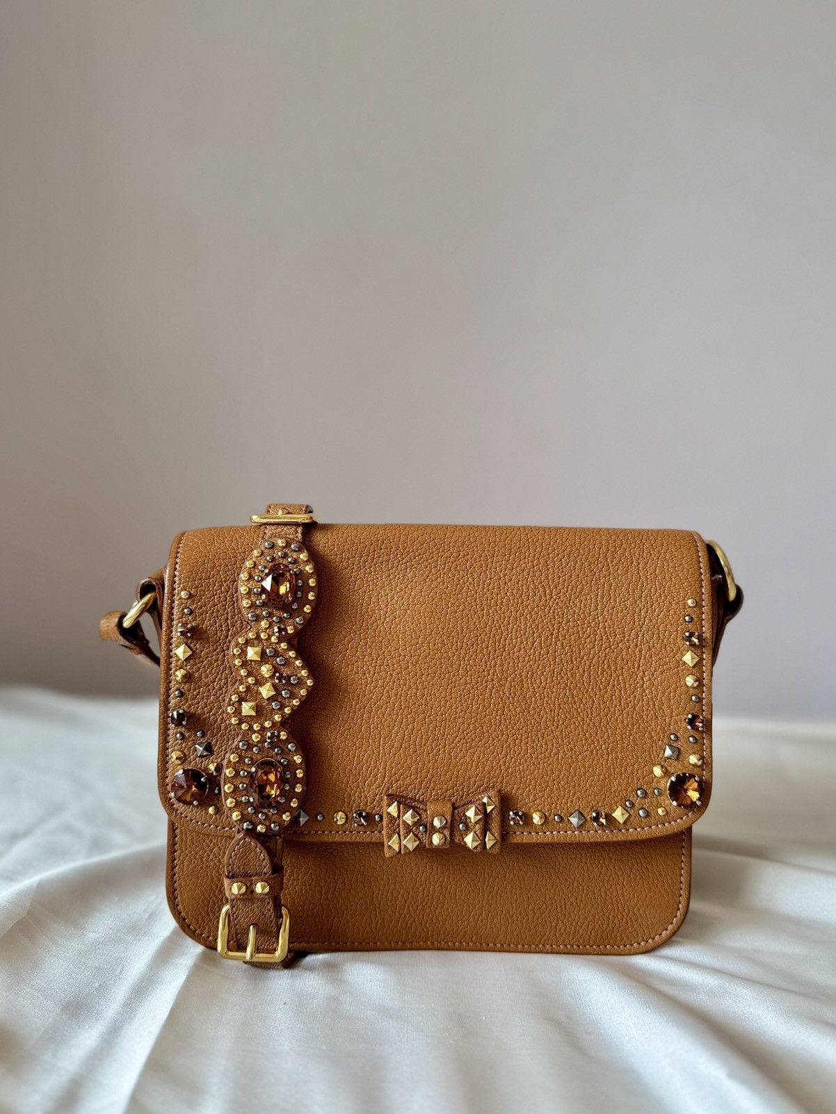 Authentic Miu Miu Brown Madras Leather Crystal Crossbody Bag in Camel Brown, Women's