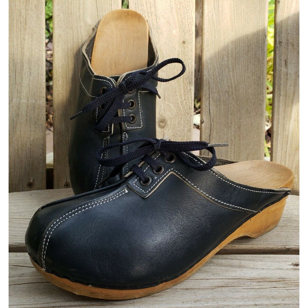 Vintage 70s Leather Wood Clogs Womens Sz 6 Blue Mules Festival Vinta Size US 6 / IT 36 - 1 Thumbnail