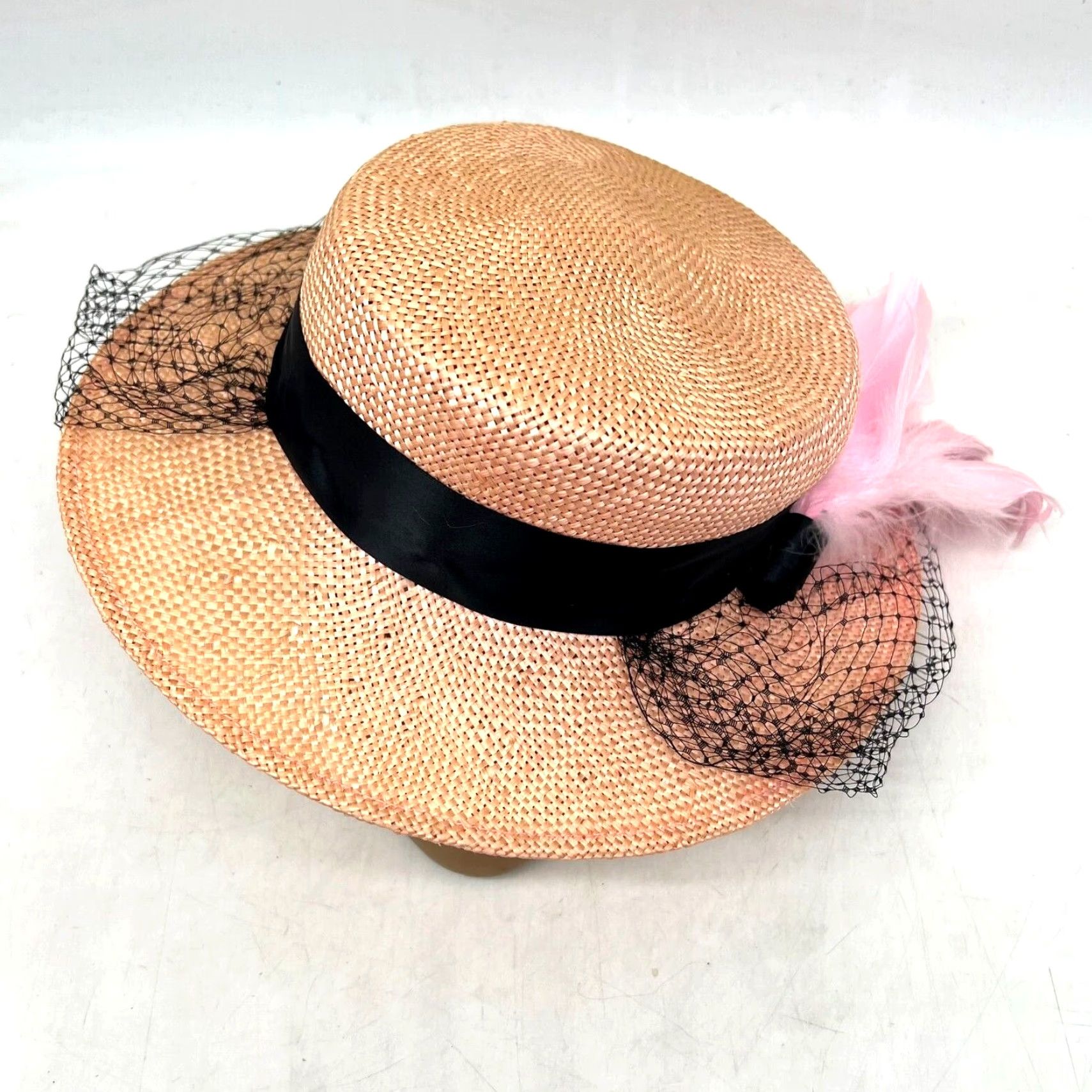 Vintage VINTAGE Miss Bierner Straw Wide Brim Sun Hat 1960s Art Deco Pink Summer Casual Women Size ONE SIZE - 2 Thumbnail