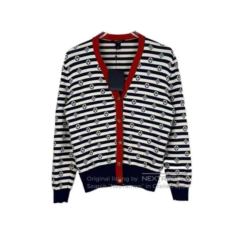 Louis Vuitton Dark blue striped logo knit cardigan sweater