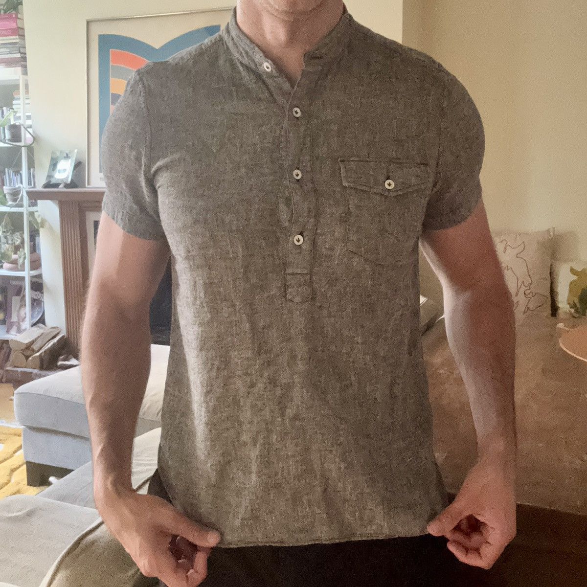 ONS ONS Linen Short-Sleeve Shirt Mandarin Collar Pullover Henley Size US S / EU 44-46 / 1 - 5 Thumbnail