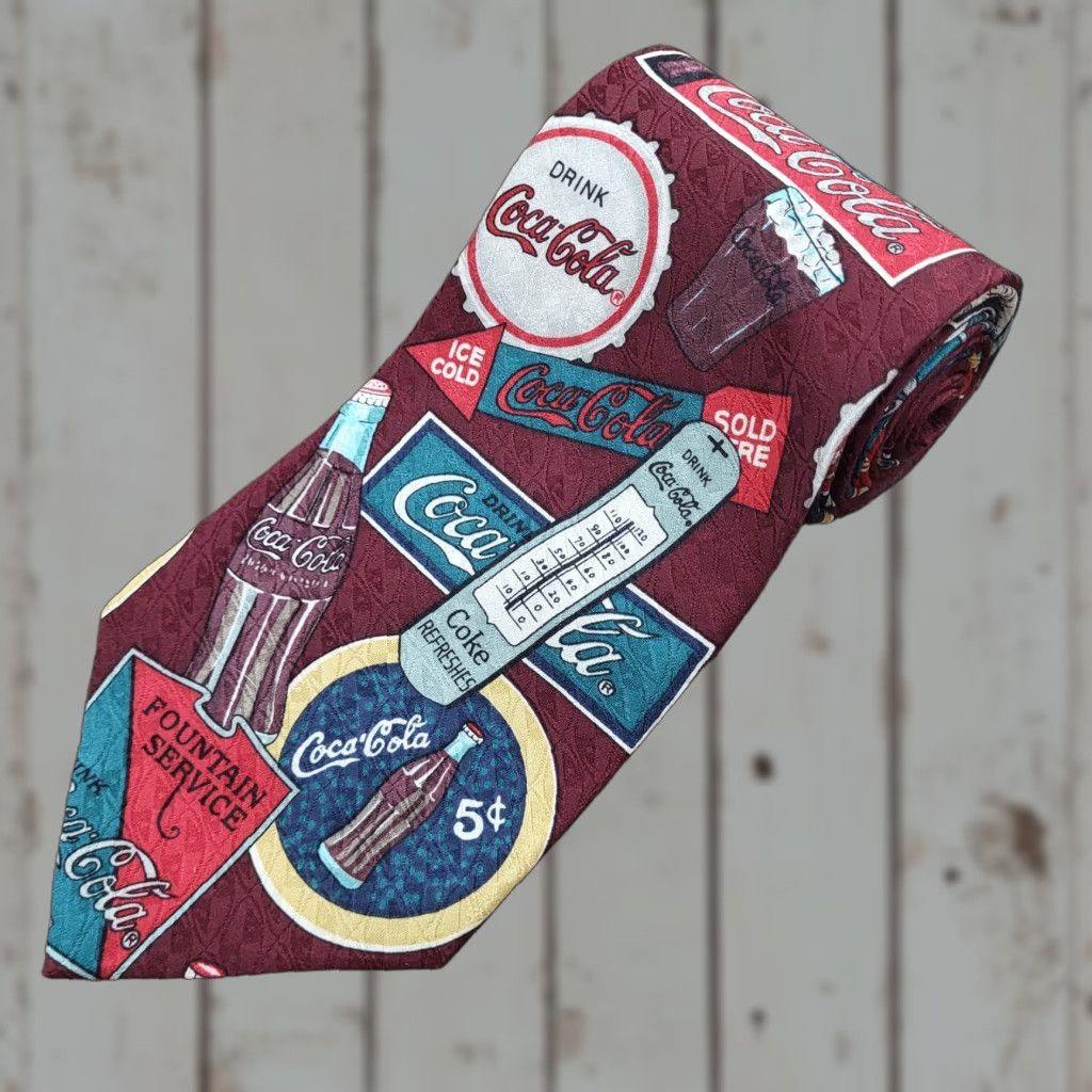 Vintage Coca-Cola Men's Necktie Tie Silk Satin Advertising Memorabilia Made in USA 57" Vintage Logo Wide Pattern Novelty Retro American Food & Drink Men Tie Size ONE SIZE - 1 Thumbnail