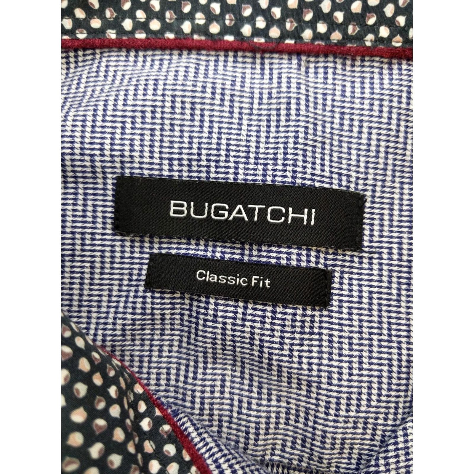 BUGATCHI BUGATCHI Shirt Mens S 14.5 Blue Herringbone Long Sleeve Button Up Contrast Trim Size US M / EU 48-50 / 2 - 5 Thumbnail
