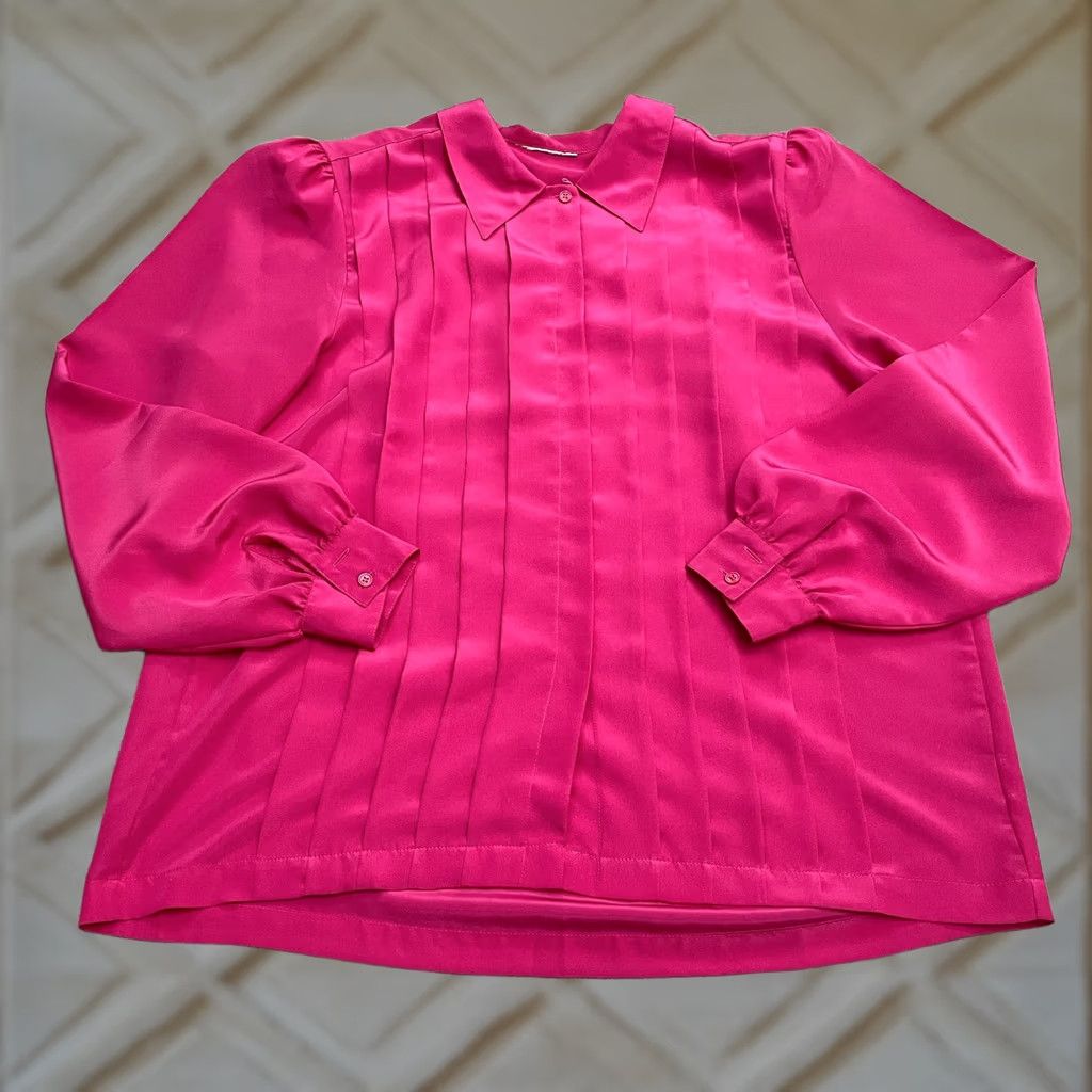 Pinko Unbranded Satin Pleated Blouse Womens Large Pink Long Sleeve Collared Padded Top Size L / US 10 / IT 46 - 1 Thumbnail