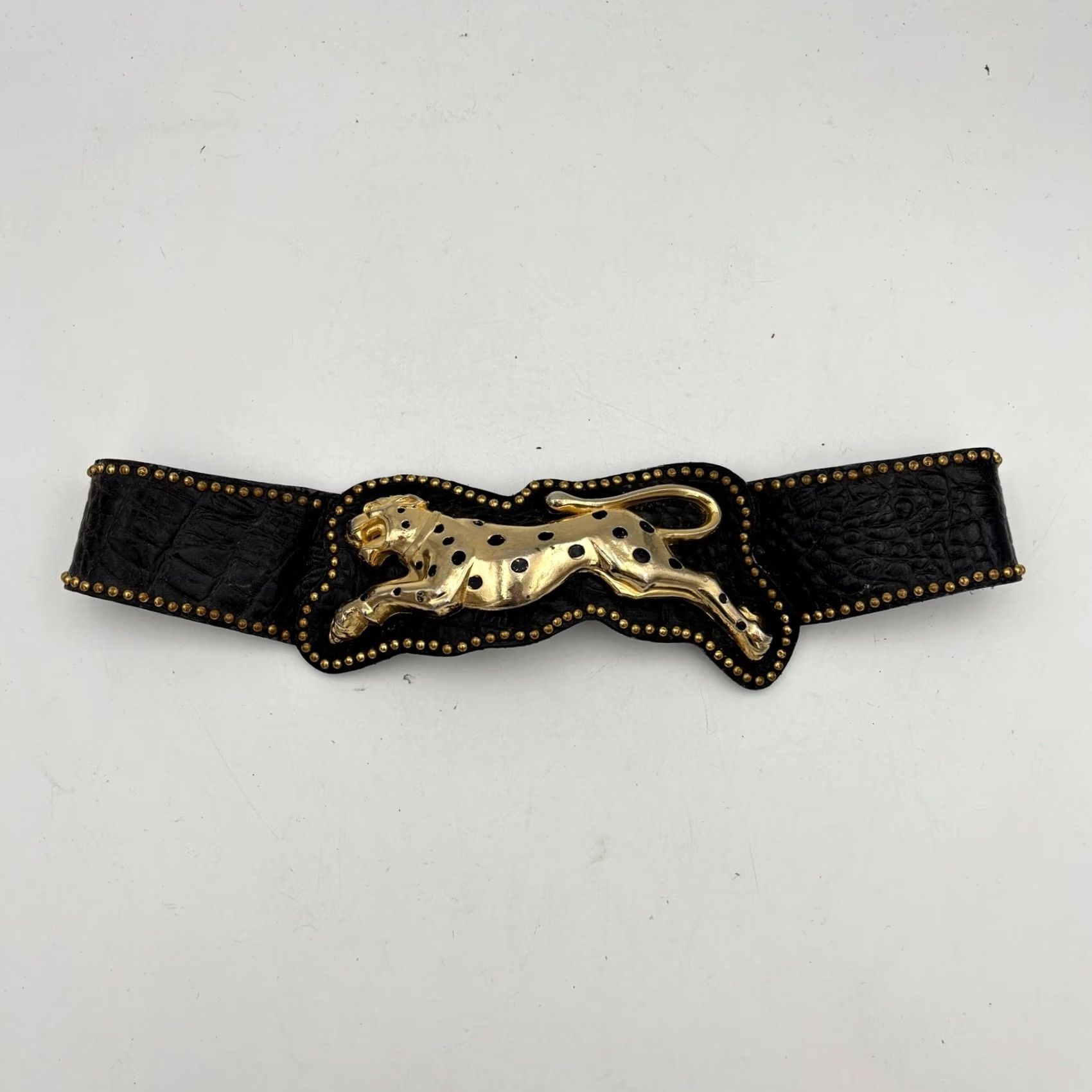 Vintage VINTAGE Leather Belt Black Leopard Buckle Studded Embossed 30" Size ONE SIZE - 3 Thumbnail
