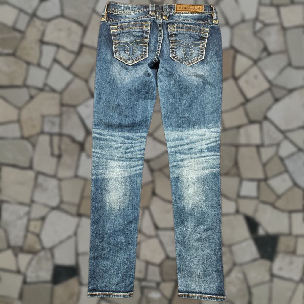 Rock Revival Jeans Womens Skinny 27 Inseam 29 Denim Blue 5-Pocket Zip Low Rise Cowboy Logo 90s
