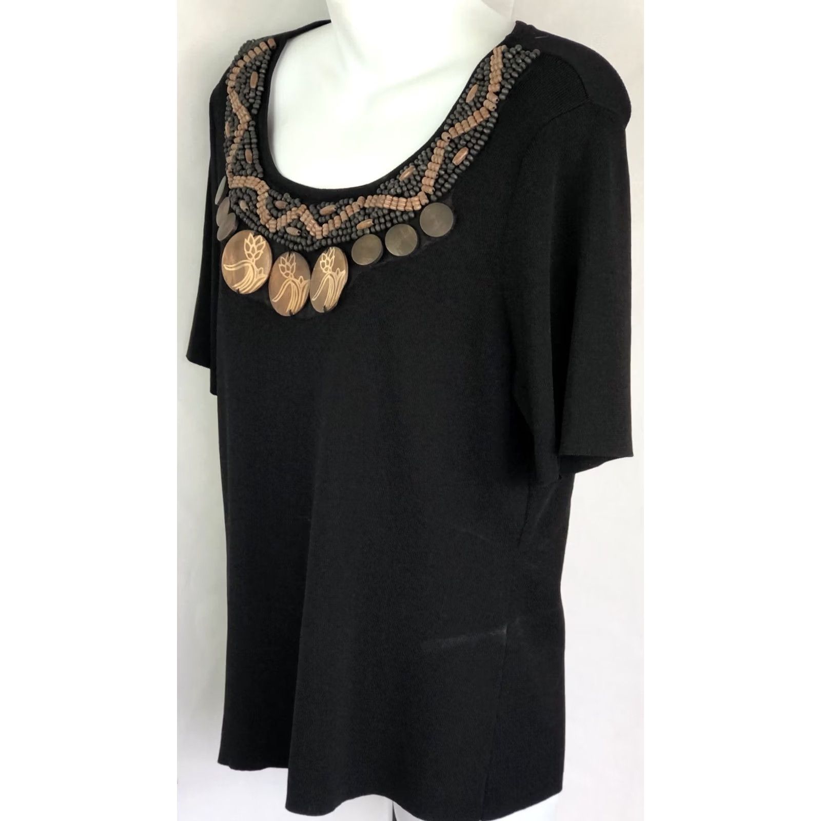 Vintage VINTAGE Once Again Rayon Knit top Blouse L Black Beaded Scoop Short Sleeve Pullover Boho Size L / US 10 / IT 46 - 4 Thumbnail